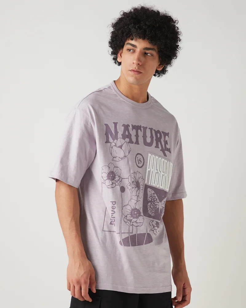 بيواكوف Men's Purple Nature Preserved Graphic Printed Oversized T-shirt